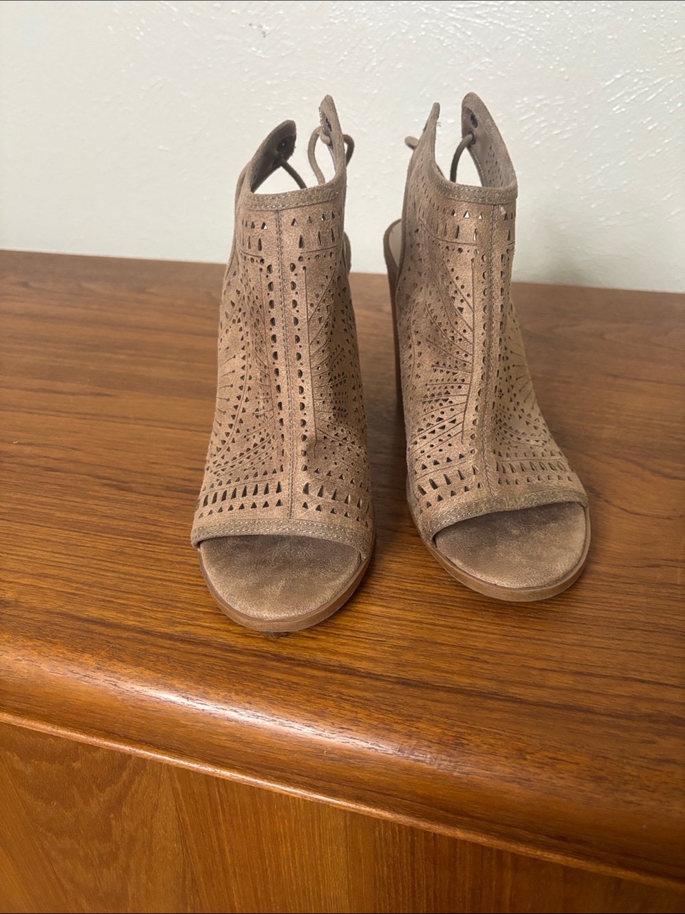 Fergalicious Taupe Suede Perforated Peep-Toe Mules